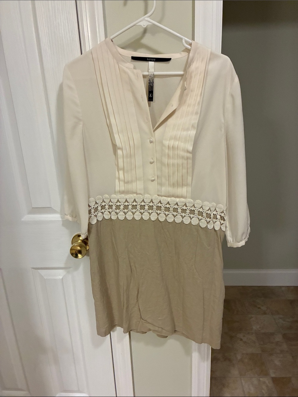 Kensie Cream Blouse Top with Tan Skirt and Lace Waist